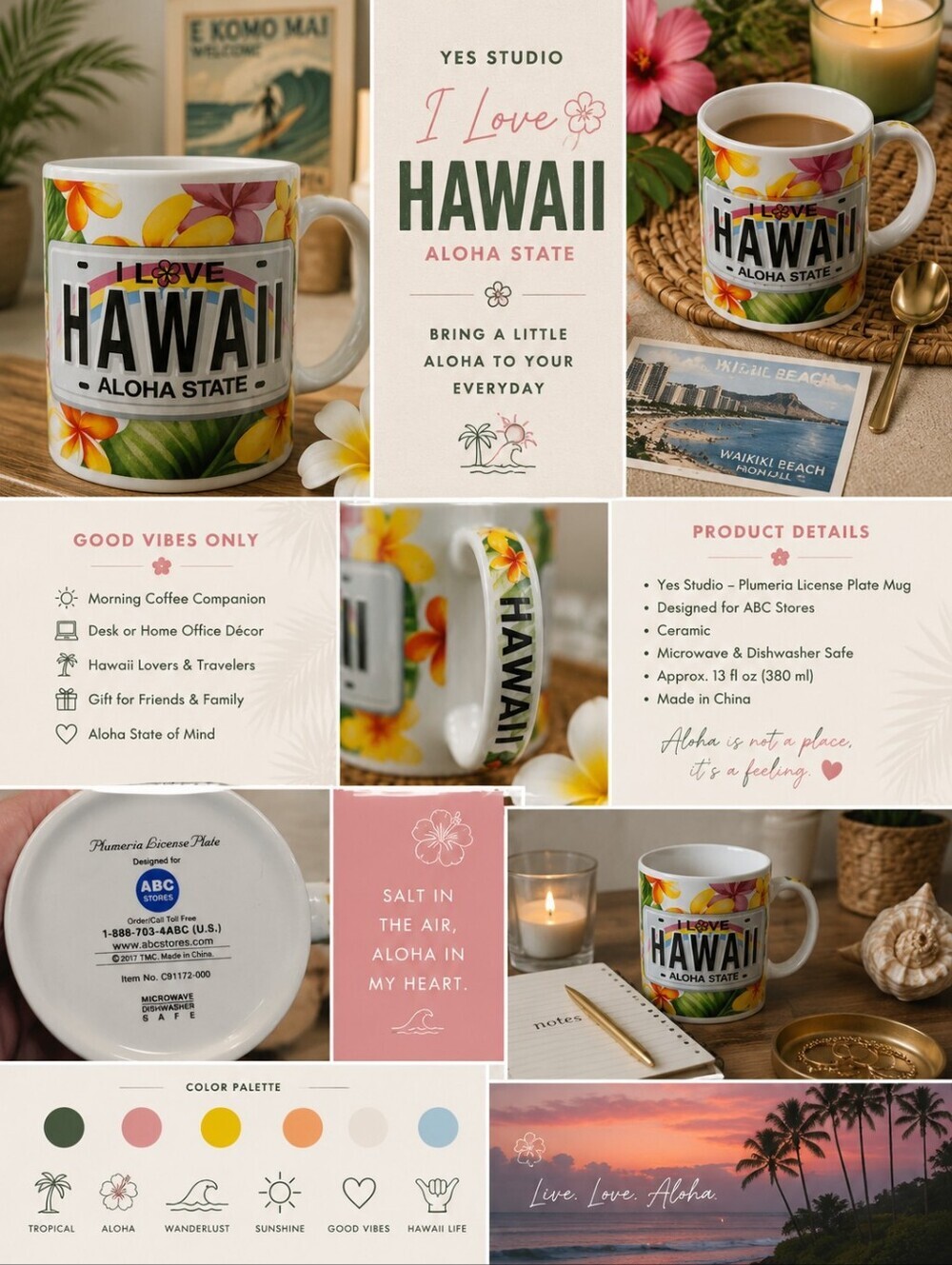 Love Hawaii Aloha State Plumeria License Plate Coffee Mug Tropical Floral ABC St